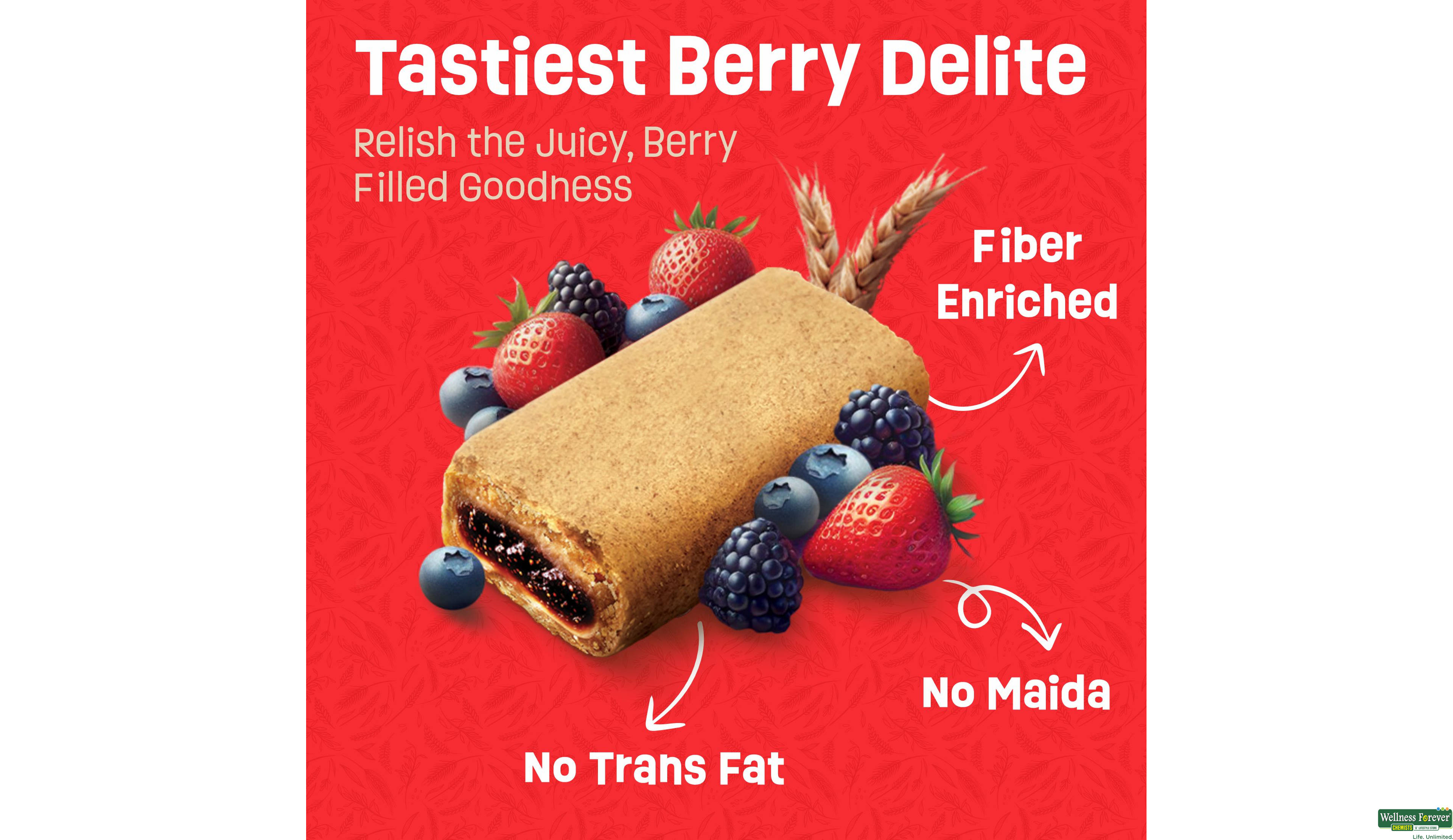 RITEBITE WELLNESS FRUIT FILLED FIBER BAR BERRY DELIGHT 40G- 4, 40GM, null
