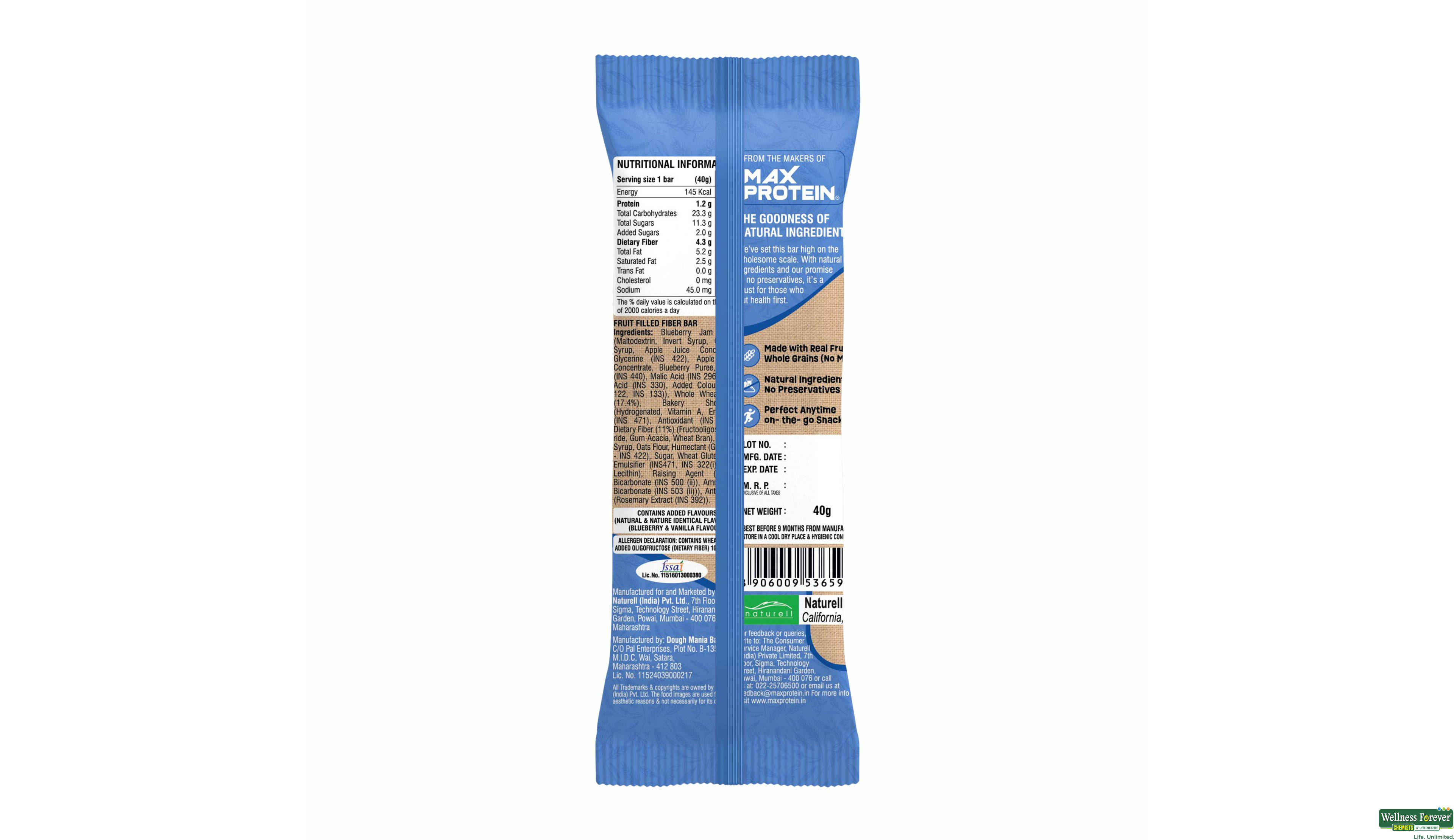 RITEBITE WELLNESS FRUIT FILLED FIBER BAR BLUEBERRY BLAST 40G- 2, 40GM, null