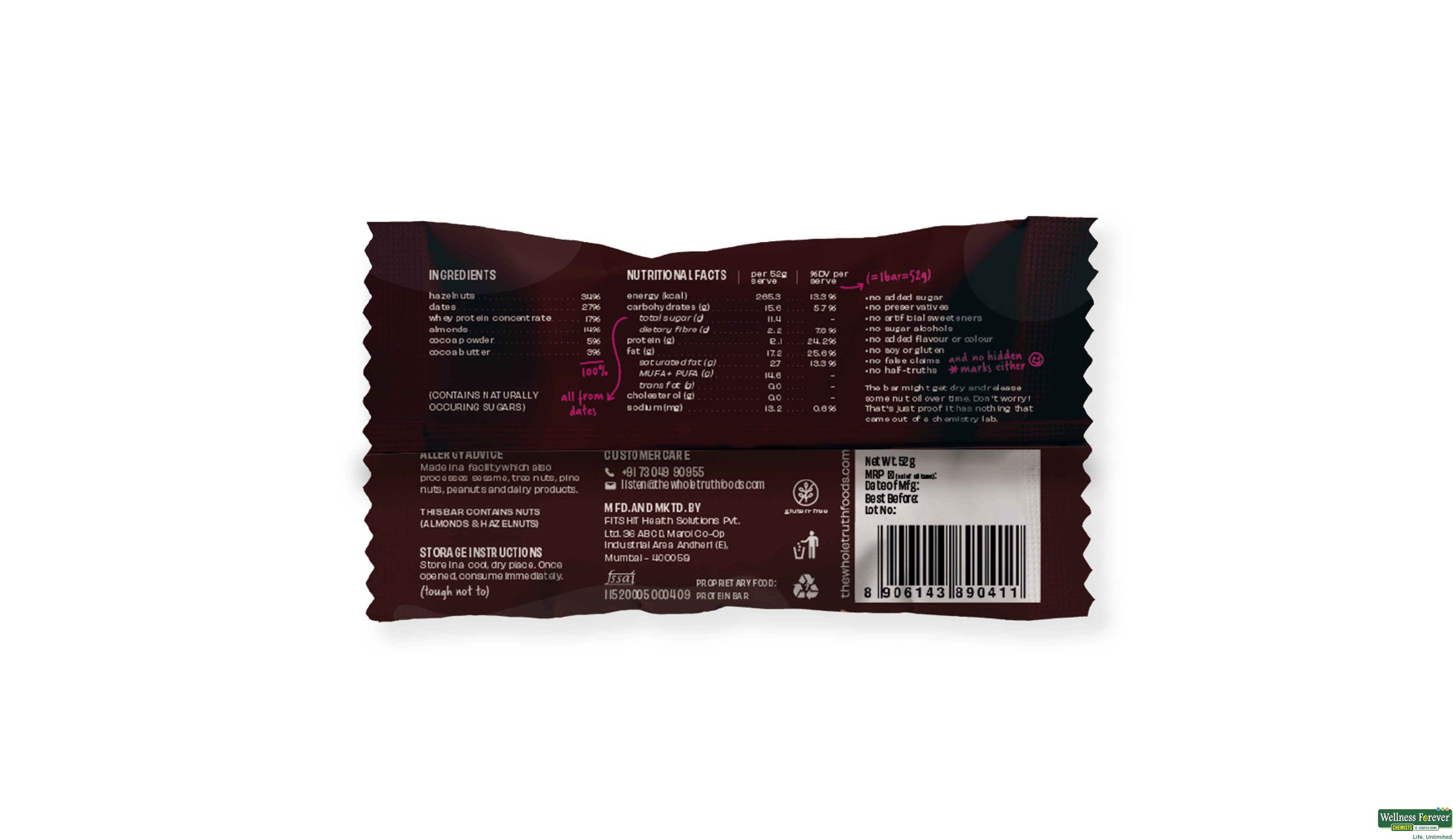 THE WHOLE TRUTH HAZELNUT COCOA PROTEIN BAR 52G- 2, 52GM, null