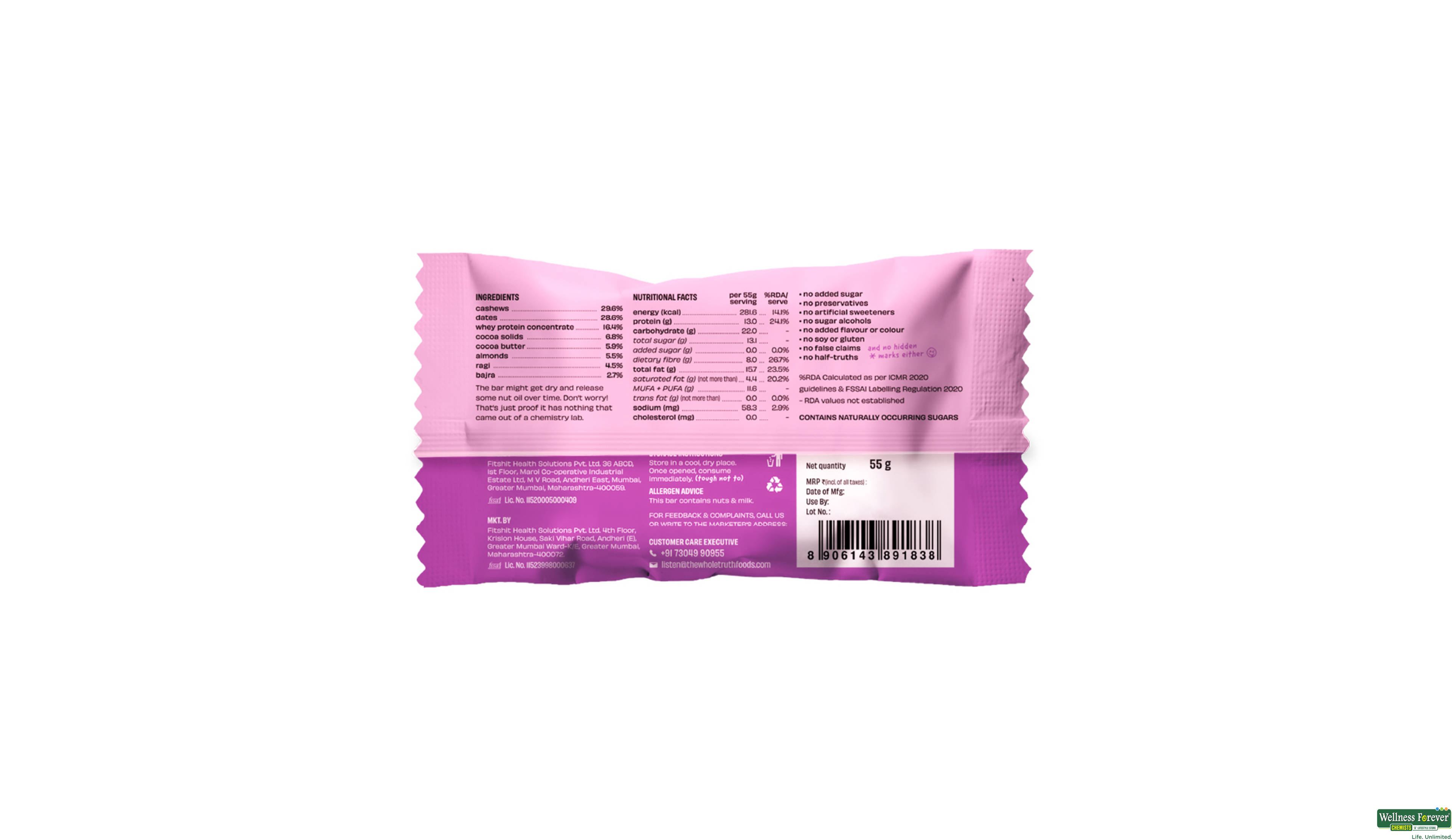THE WHOLE TRUTH ALMOND MILLET COCOA PROTEIN BAR 55G- 2, 55GM, null