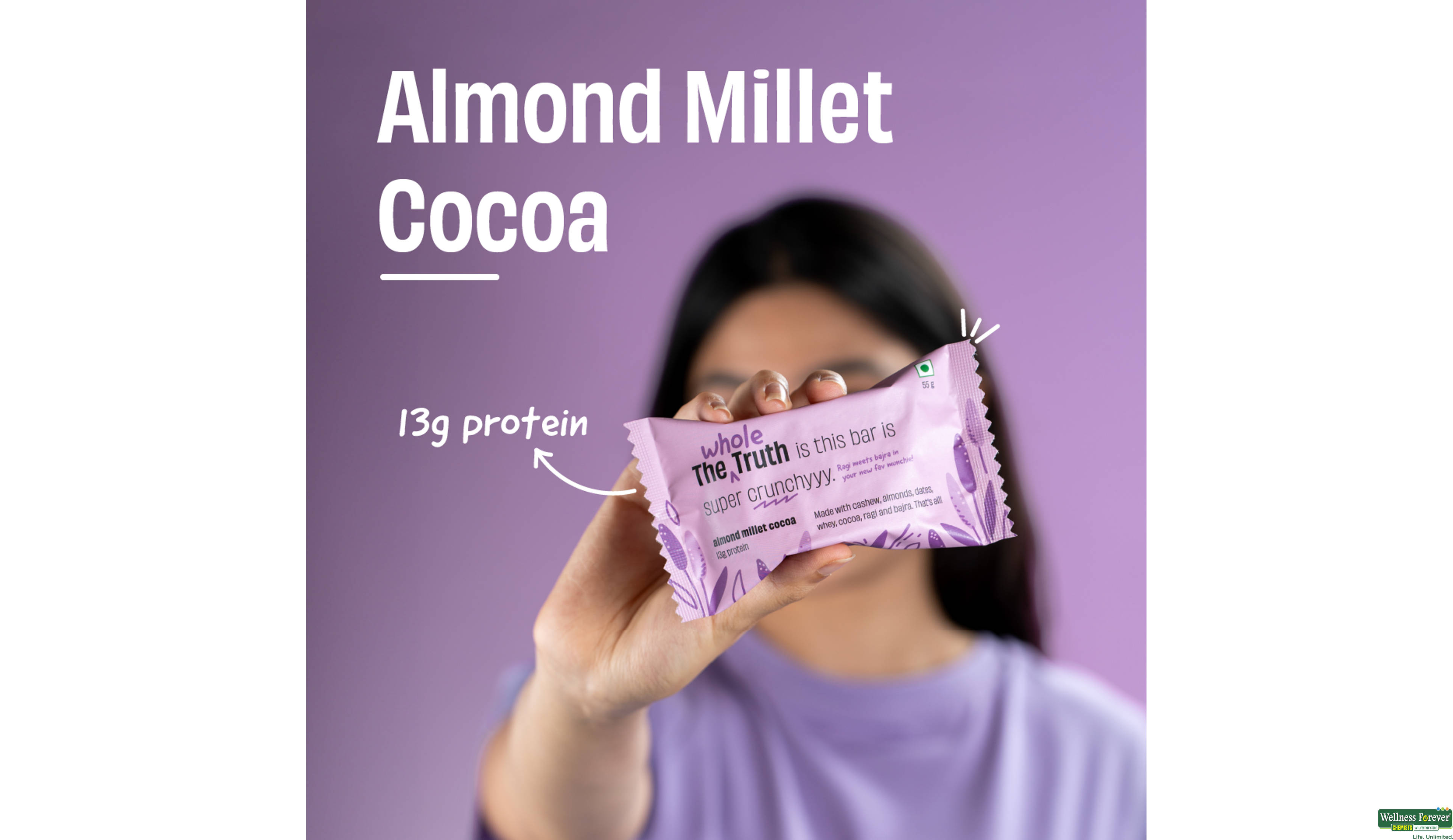 THE WHOLE TRUTH ALMOND MILLET COCOA PROTEIN BAR 55G- 3, 55GM, null