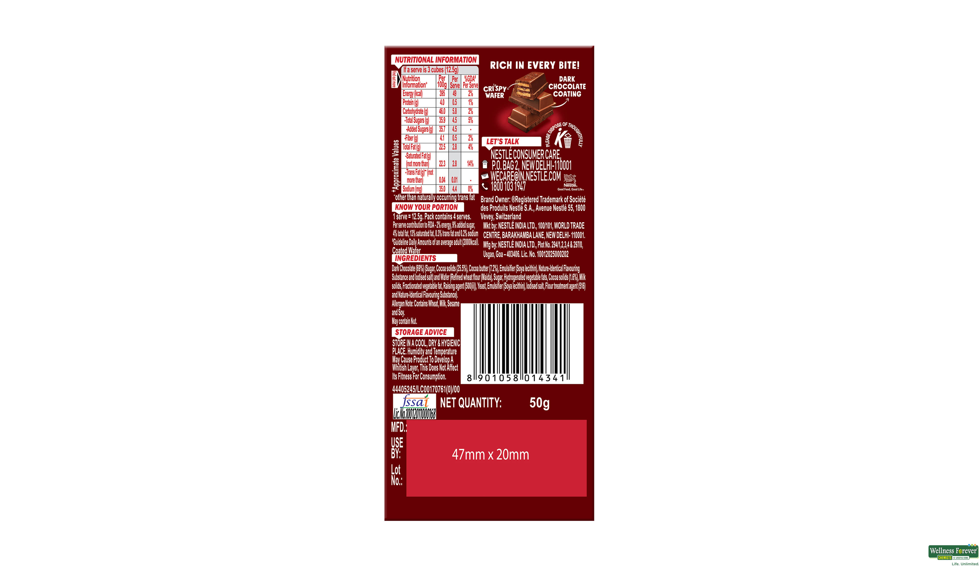 NESTLE CHOC KITKAT DARK 50GM- 2, 50GM, null