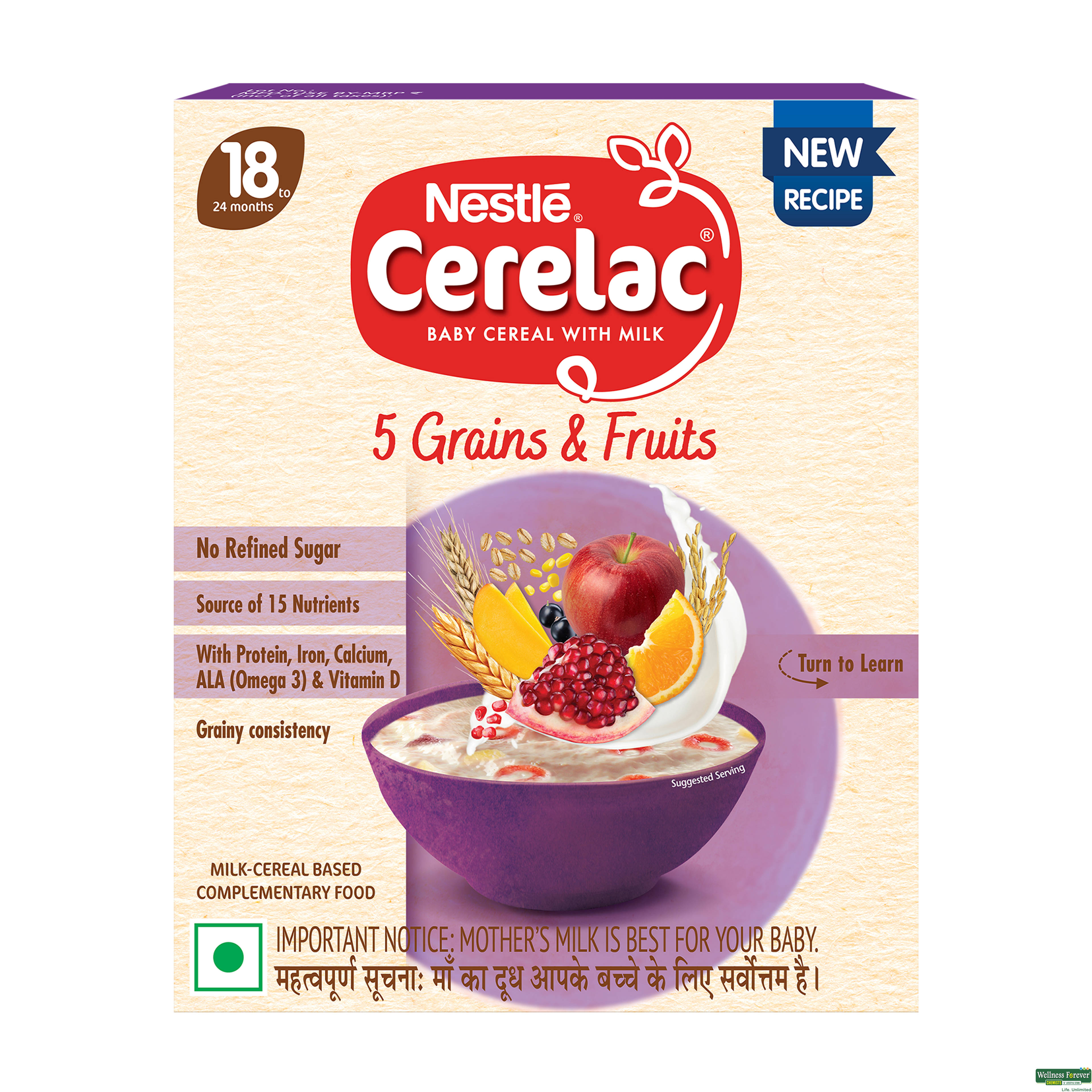 Nestlé CERELAC Baby Food Cereal | No Refined Sugar | 5 Grains & Fruits for 18 to 24 Months Baby | Omega 3 Iron Protein Calcium Vitamin D for Babies | Instant Baby Food Cereal | 300g
-image