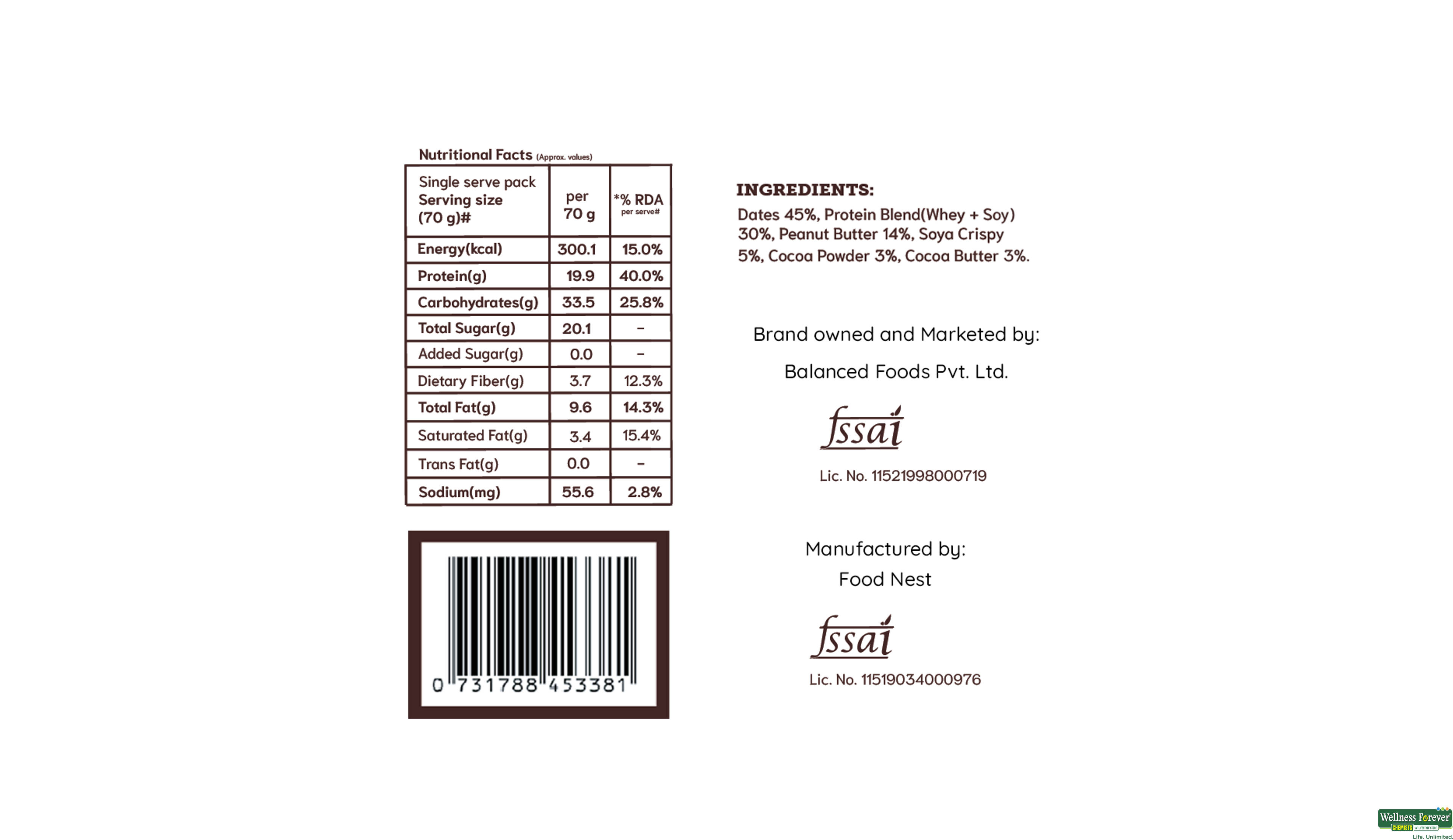 FIT WHEY 20GM PROTEIN BAR CHOCOLATE FUSION 70GM- 7, 70GM, null