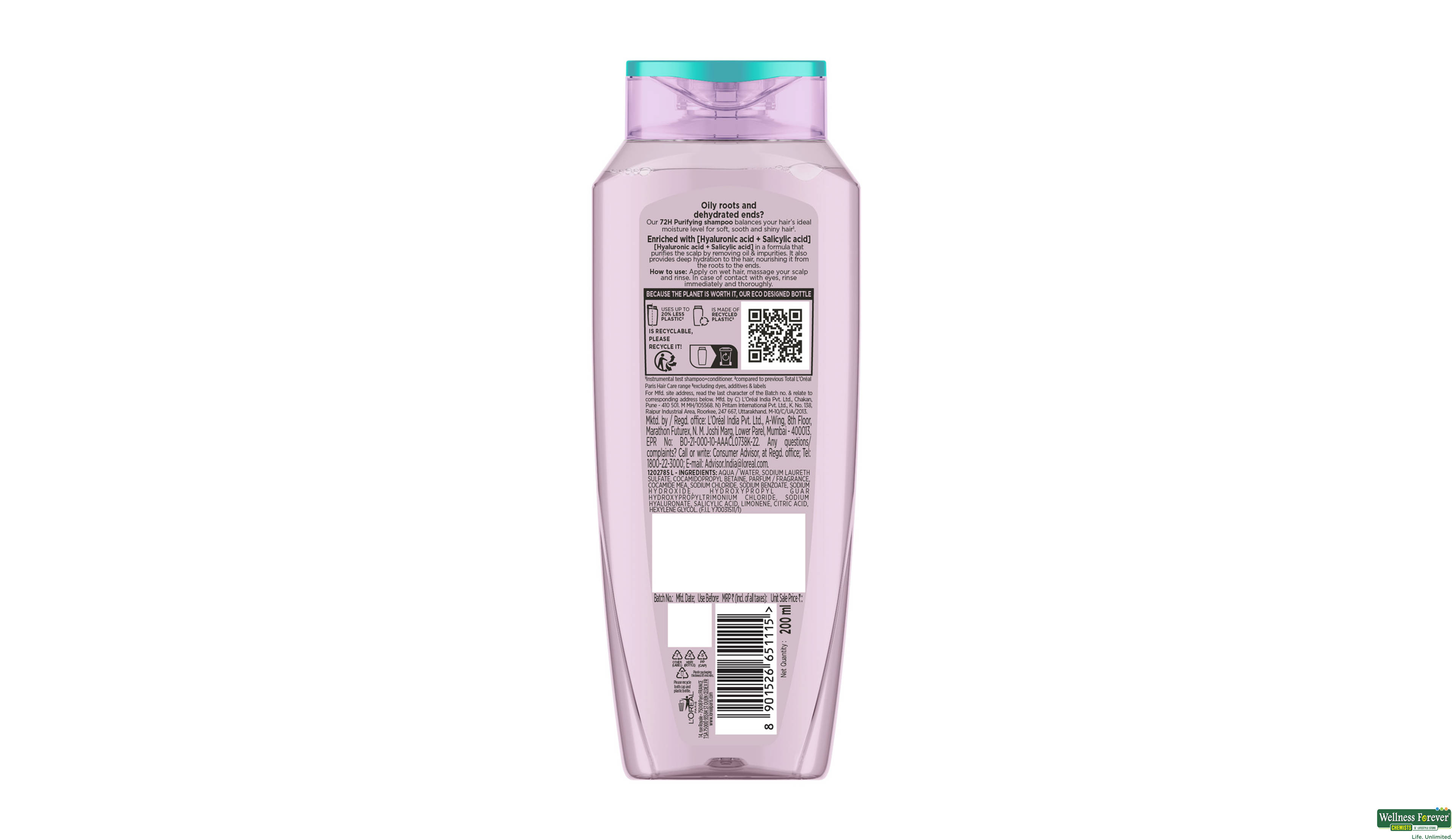 LOREAL SHAMPOO HYALURON PURE 72H PURIFYING 200ML- 4, 200ML, null