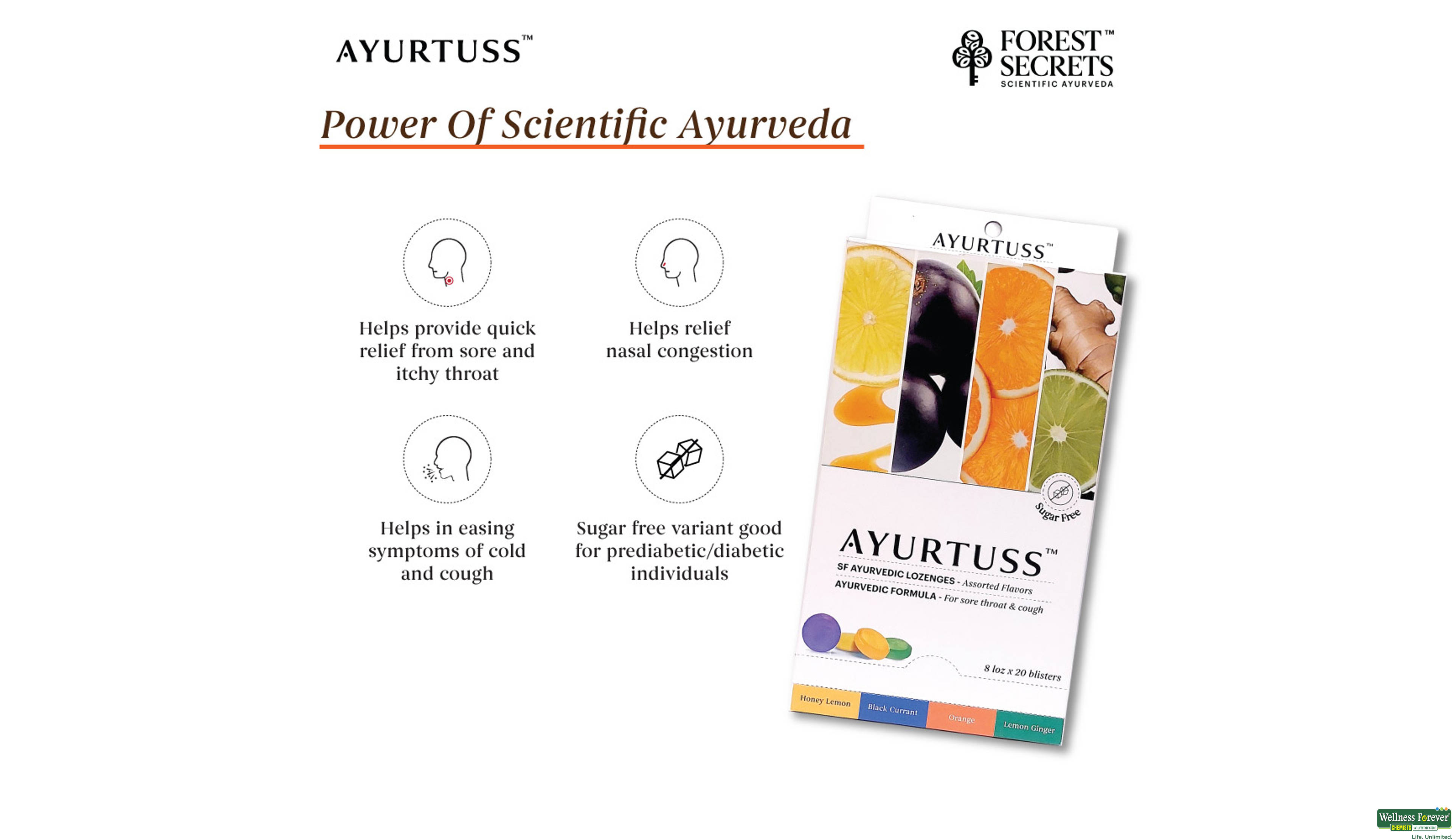 AYURTUSS ASSORTED LOZENGES SUGAR FREE 8TAB 1PC- 3, 1PC, null