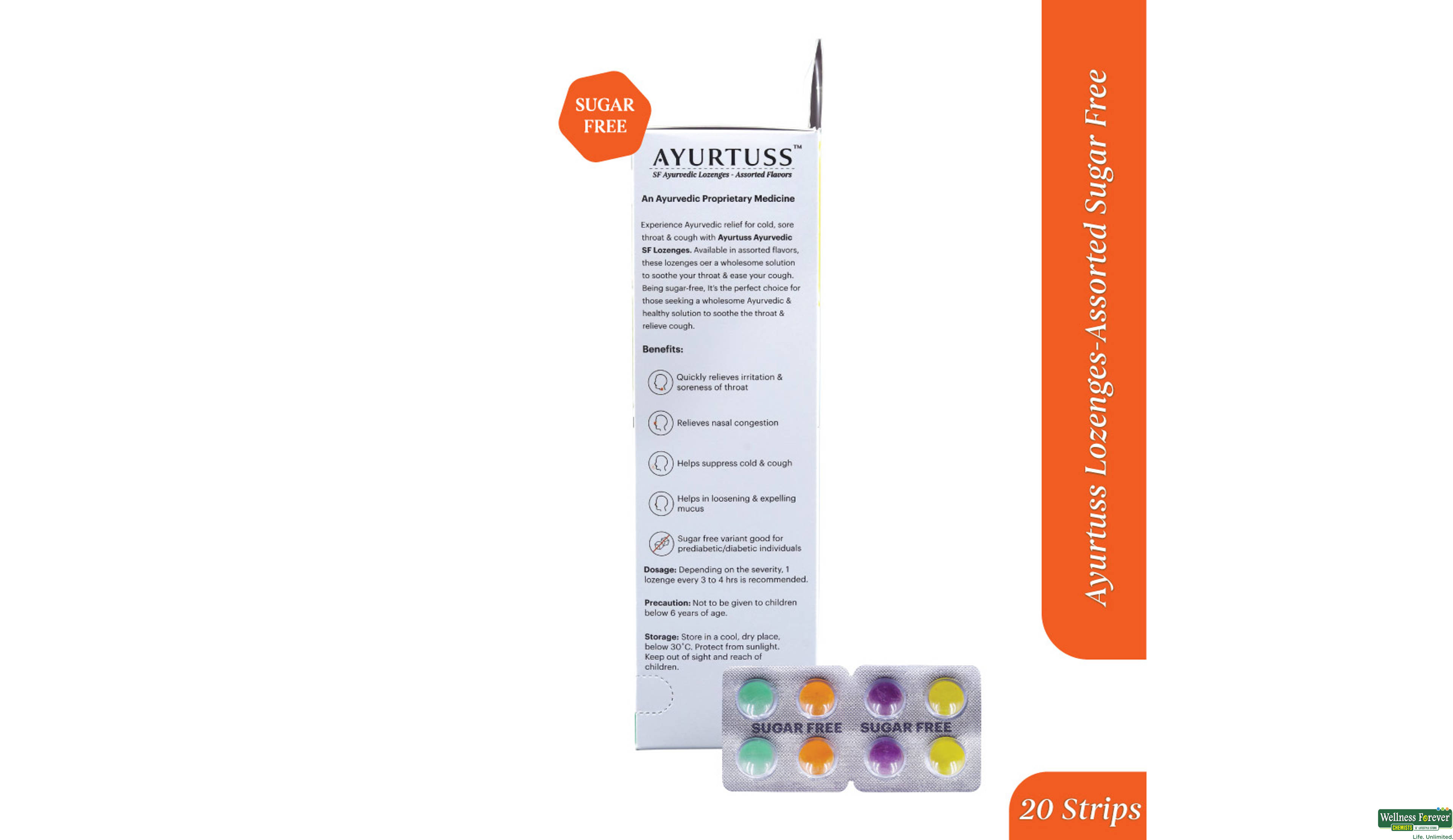 AYURTUSS ASSORTED LOZENGES SUGAR FREE 8TAB 1PC- 4, 1PC, null