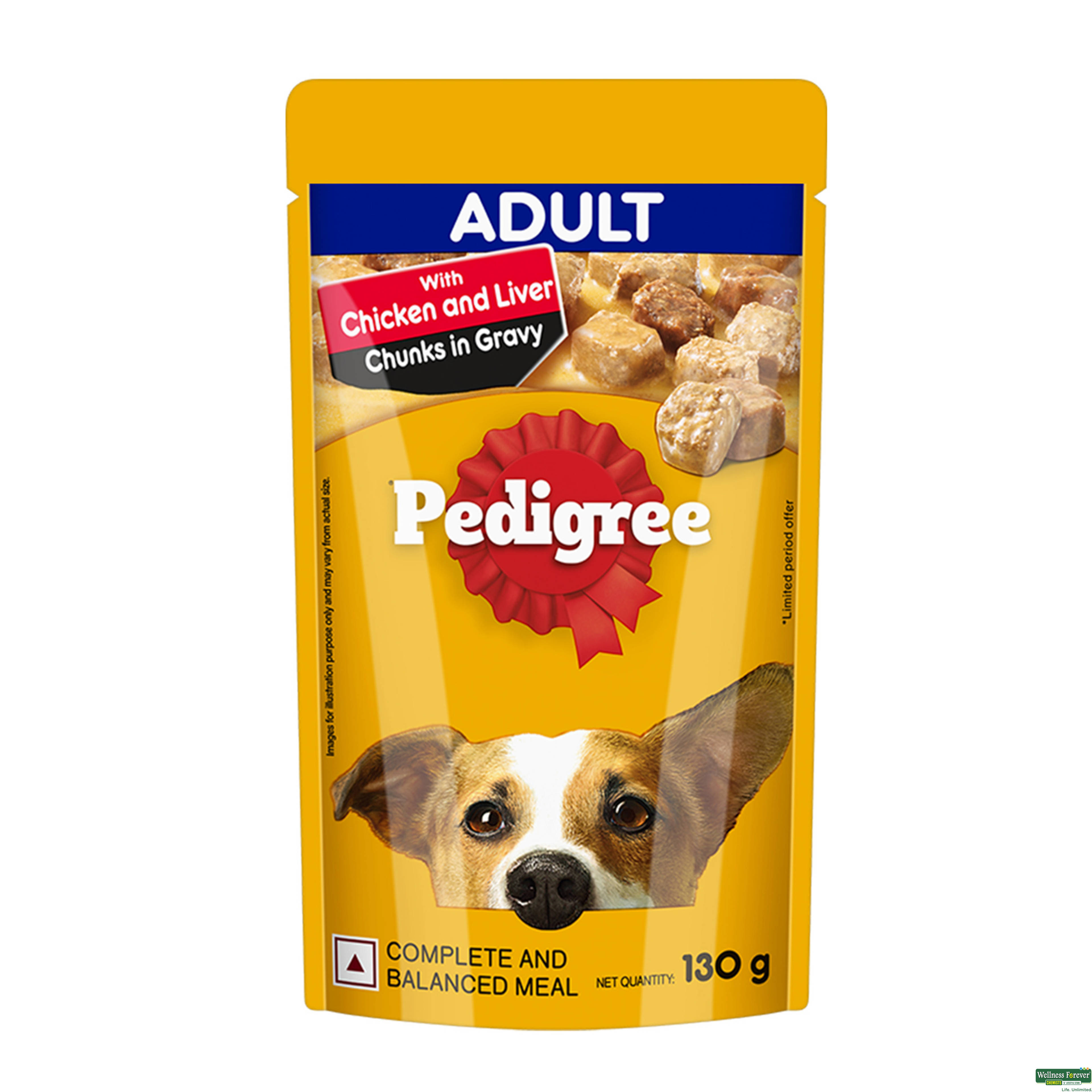 Pedigree Adult Wet Dog Food Chicken & Liver Chunks in Gravy 130g| Made with Real Meat & High Quality Protein, 100% Complete & Balanced Meal for Adult Dogs
-image