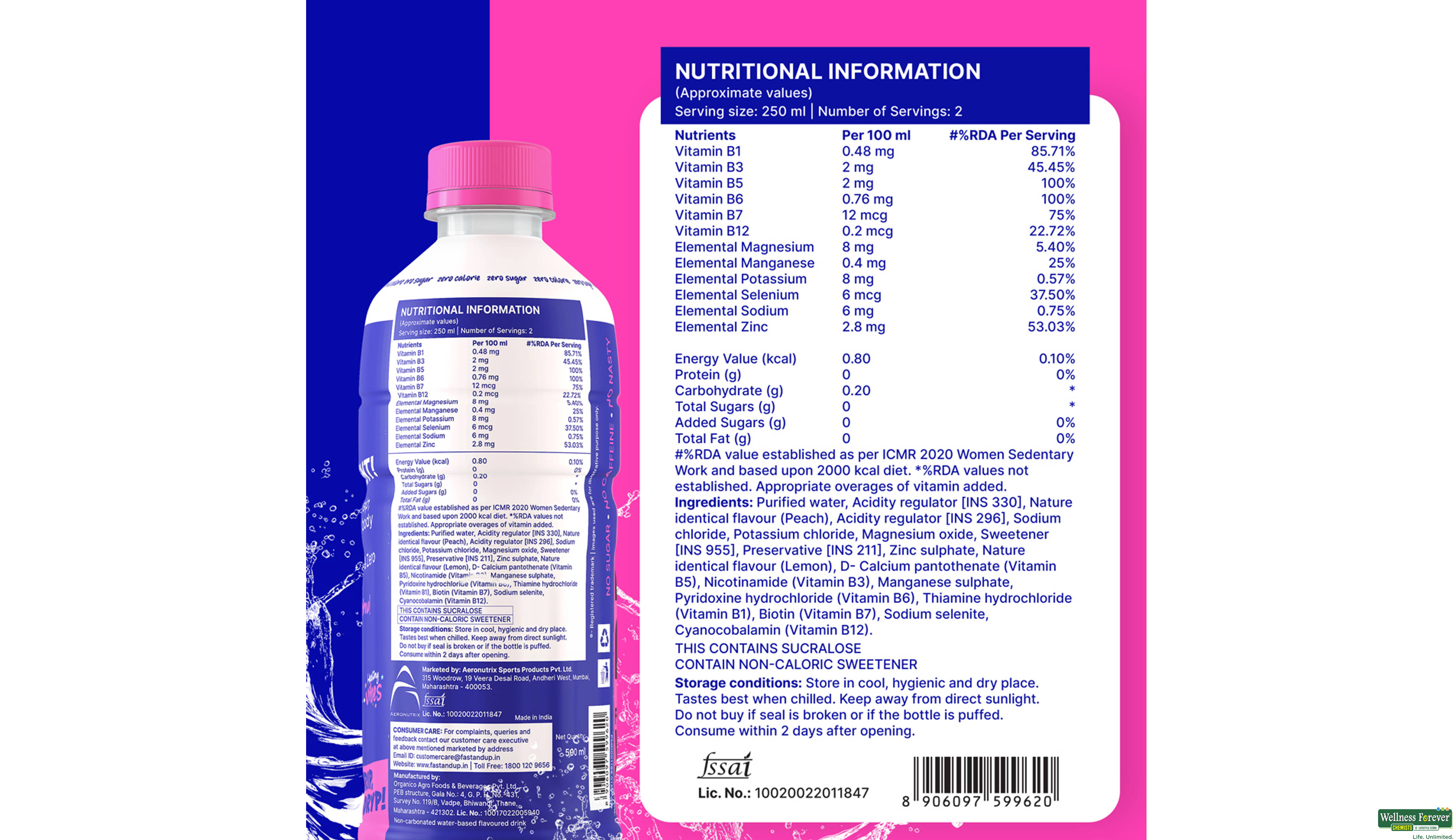 FAST/UP DRYP VITAMIN DRINK PEACH ZERO SUGAR 500ML- 3, 500ML, null