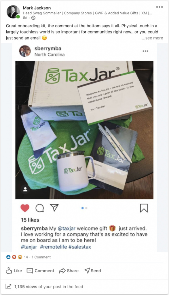 A LinkedIn post of a new hire gushing about their welcome swag pack from TaxJar
