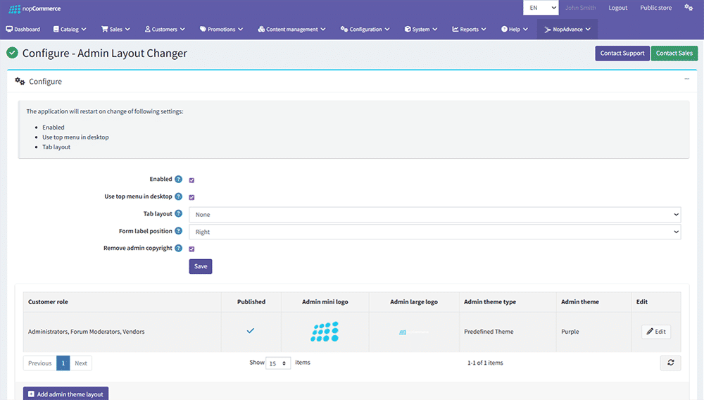 customization nopcommerce admin panel layout shown as after