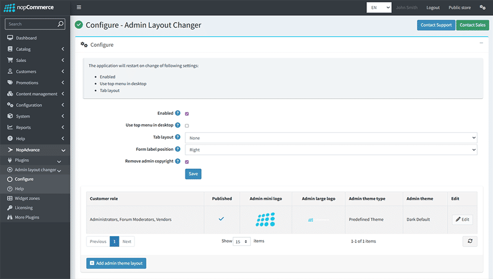 by default nopcommerce admin panel layout shown as before