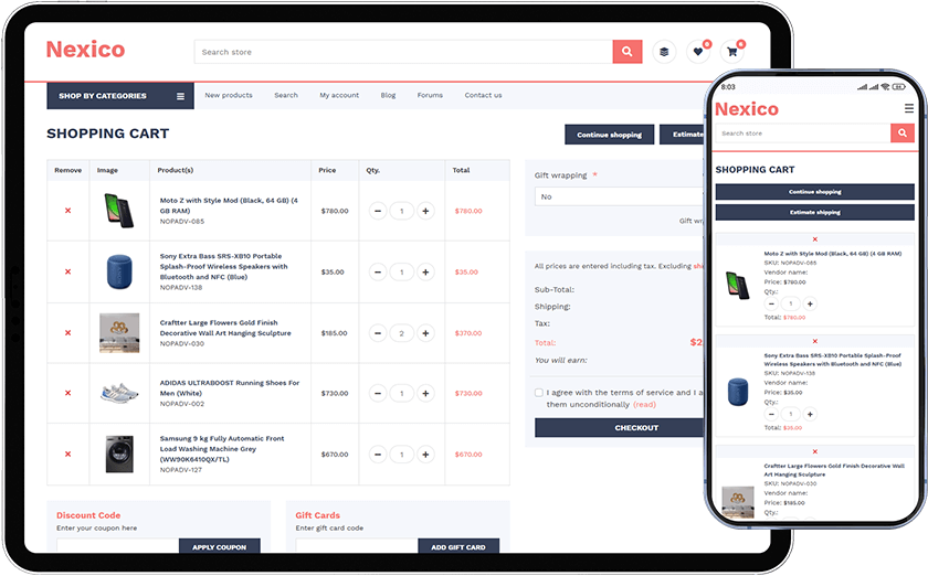 nopcommerce nexico theme cart page in desktop and mobile view