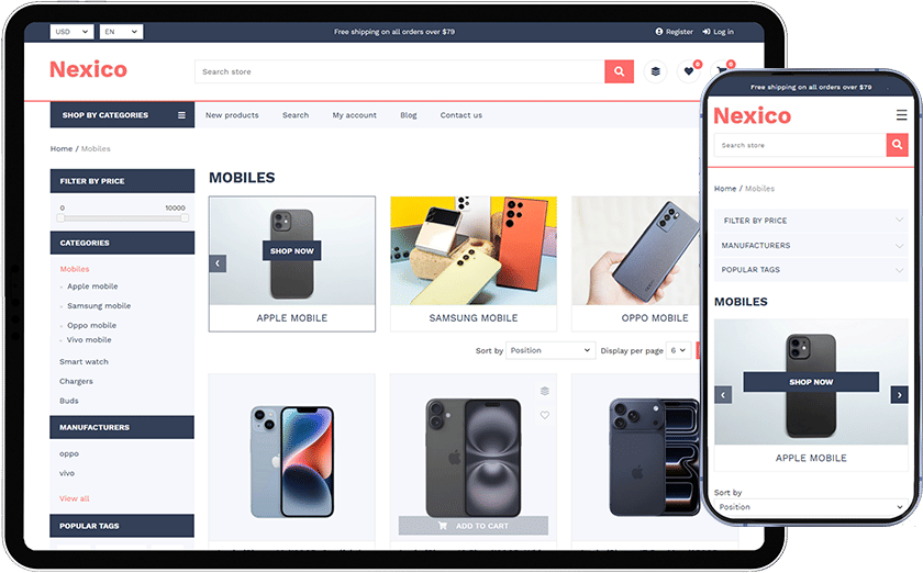 nopcommerce nexico theme catalog category page in desktop and mobile view