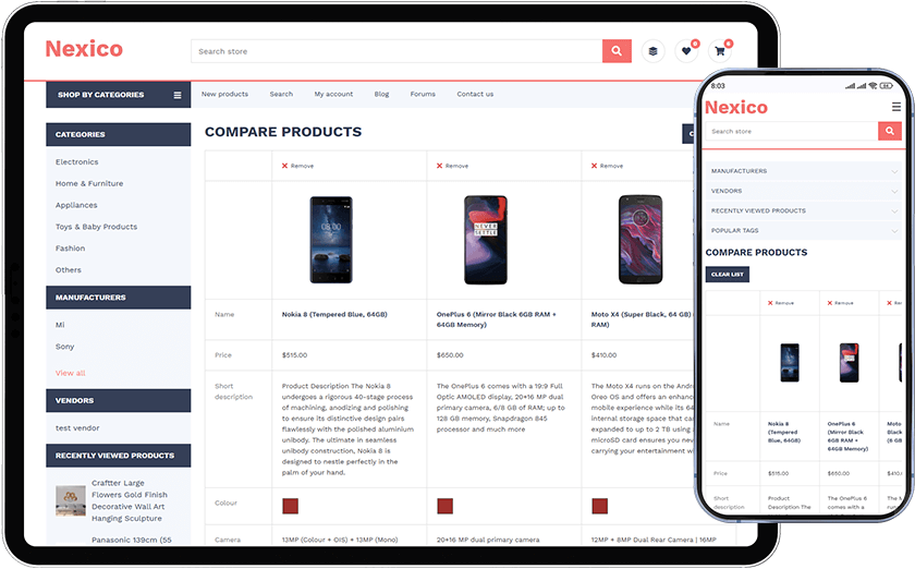 nopcommerce nexico theme product comparison page in desktop and mobile view