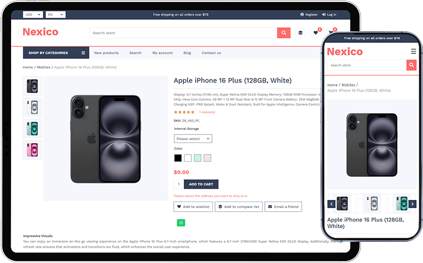 nopcommerce nexico theme product detail page in desktop and mobile view