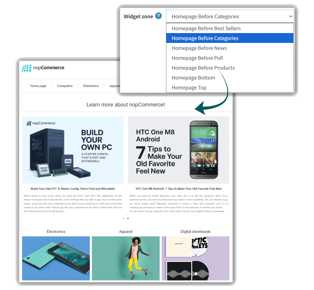advanced blog plugin allows to set widget zone in homepage