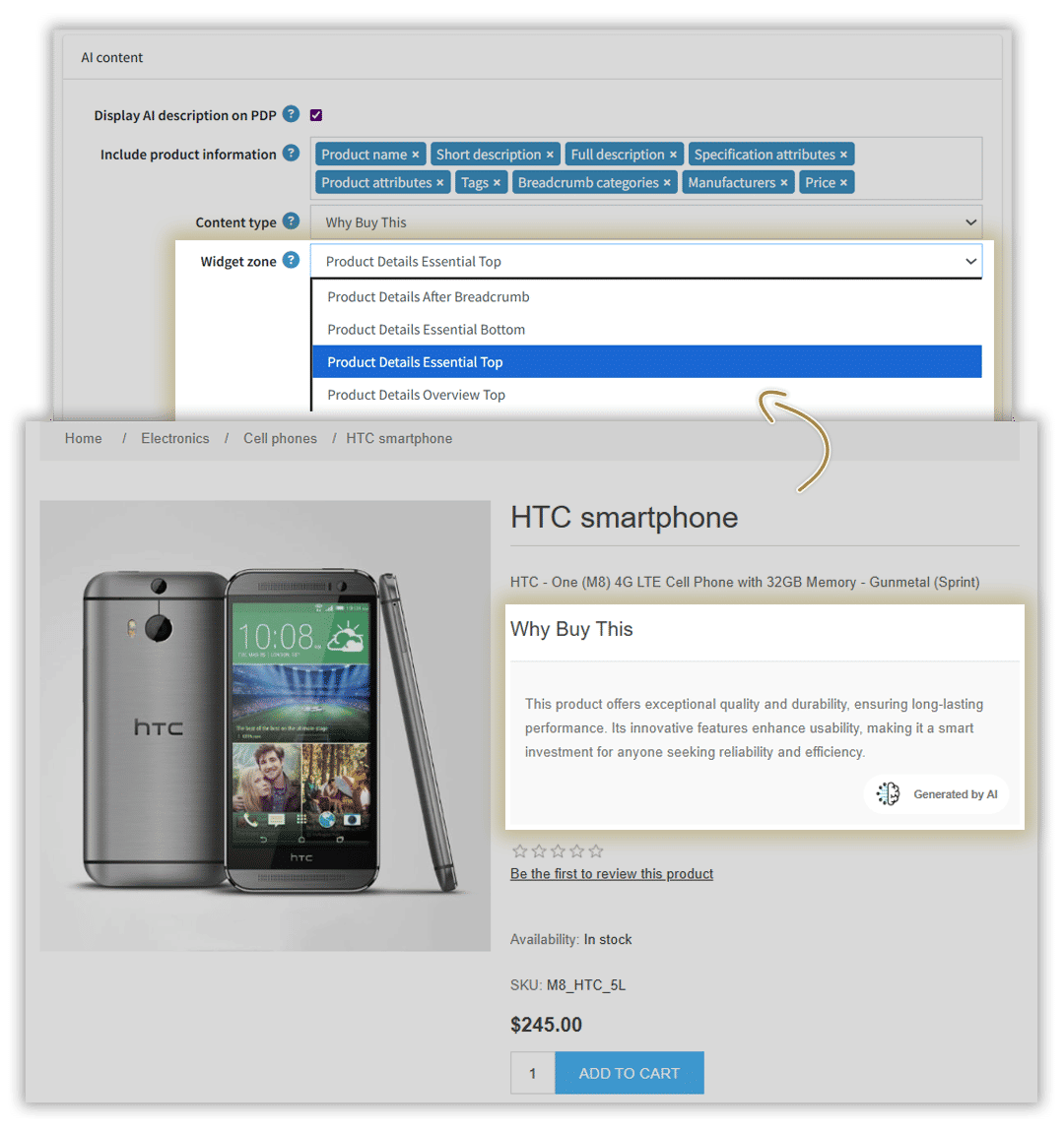 generate ai content for product pages and select widget zone