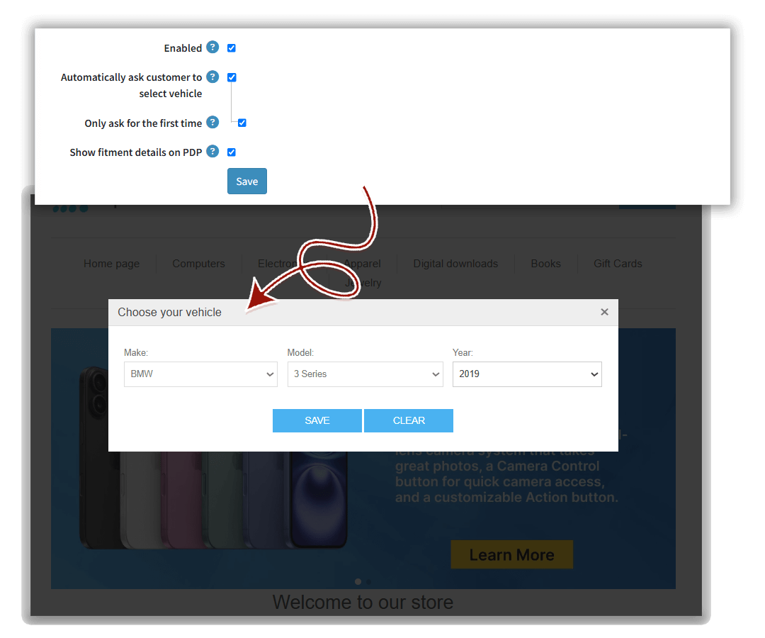 nopcommerce automobile spare part & fitment plugin allows to configure vehicle selection popup