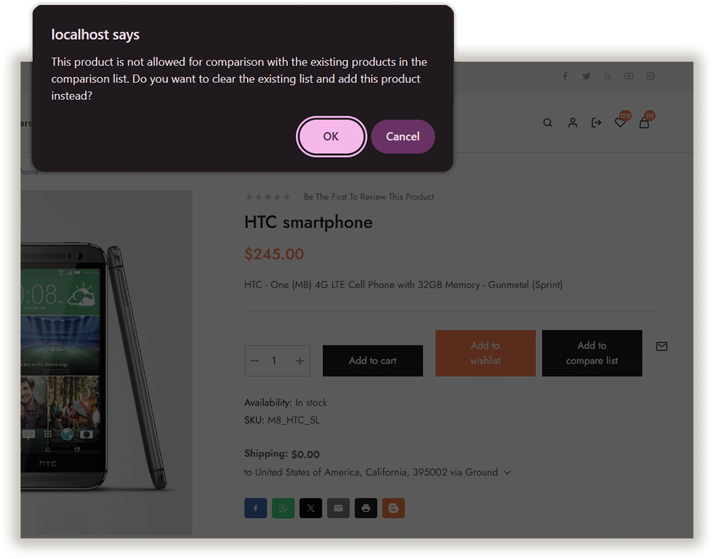 incompatible product prompt shown while product comparison based on category is selected