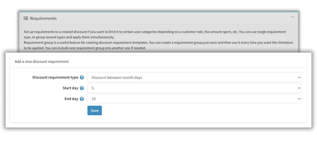 select discount between month days requirement in nopCommerce plugin
