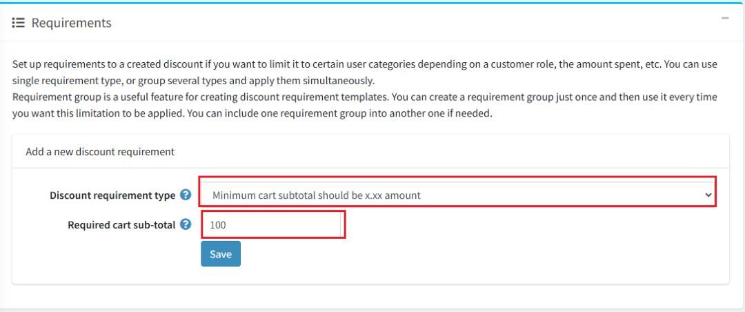 nopcommerce minimum cart sub total discount requirement configuration screenshot