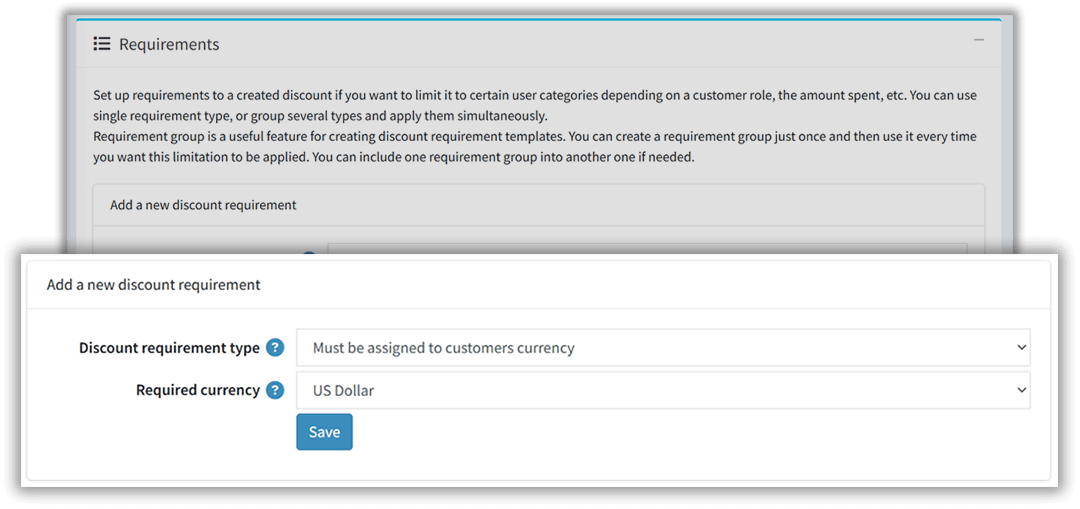 configuration page of discount on customers currency plugin for nopcommerce