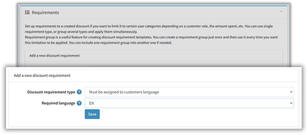 configuration page of discount on customers language plugin for nopcommerce