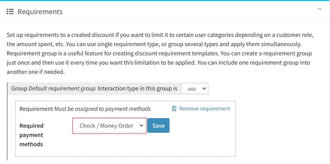 nopCommerce plugin requirement group for discount requirements on payment method