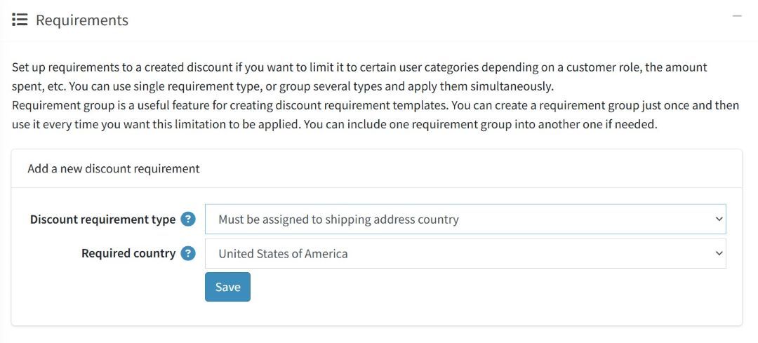 discount on shipping address country requirements type