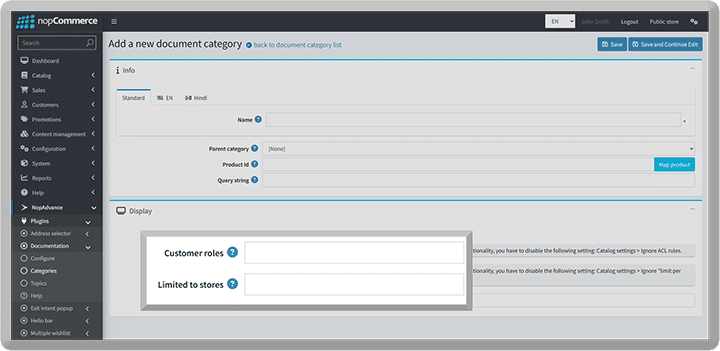 limited to customer roles and store in documentation plugin