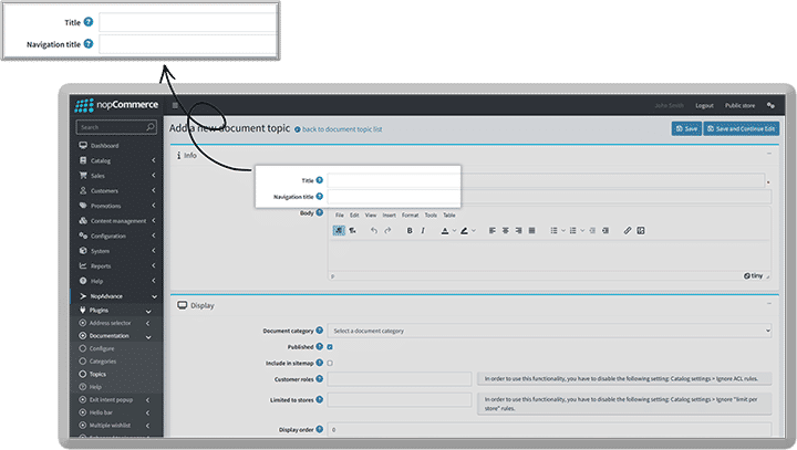 define separate navigation and page H1 title in nopcommerce documentation plugin