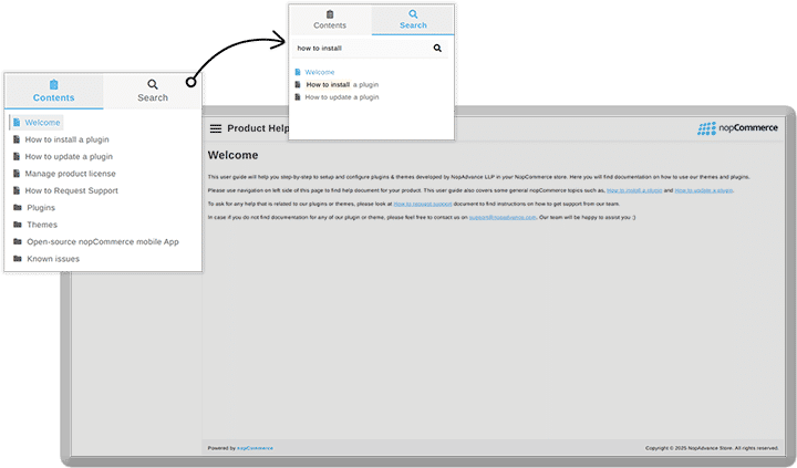 nopcommerce documentation plugin has a separate user interface
