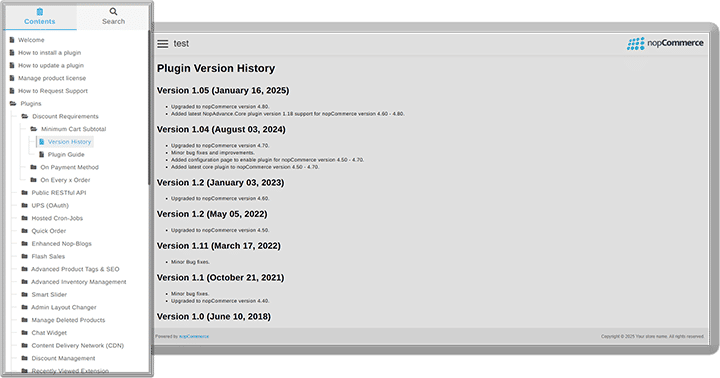 tree navigation in nopcommerce documentation plugin