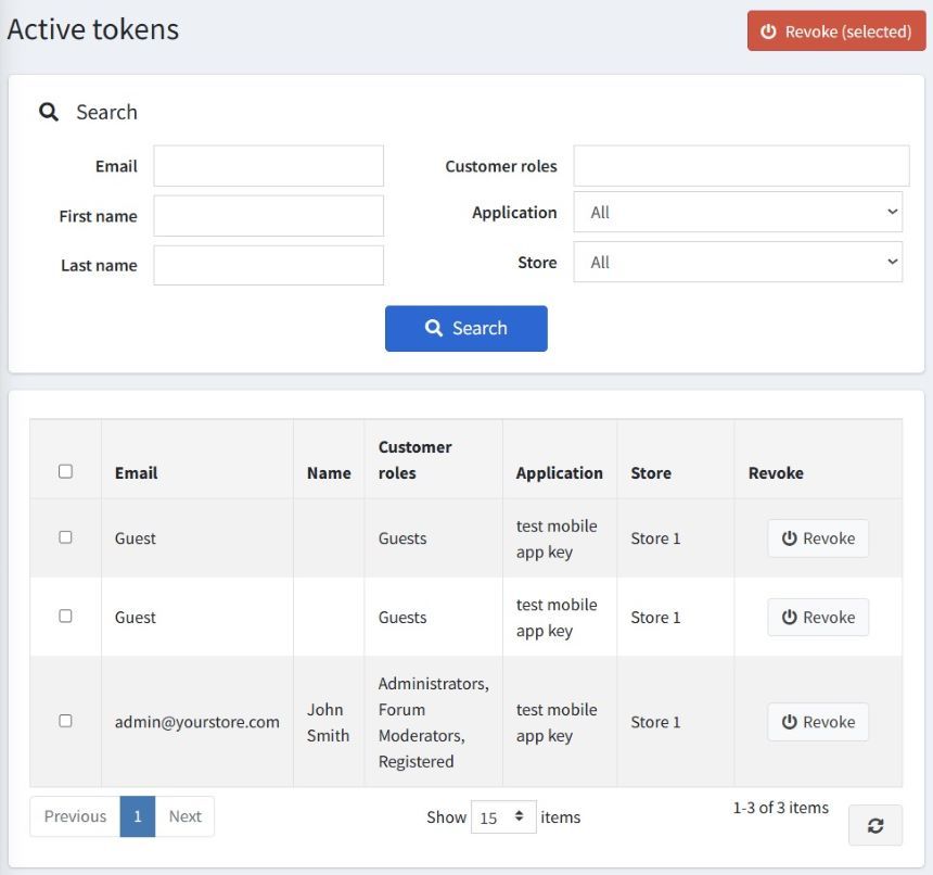 active tokens page to monitor revoke or manage active user sessions in nopcommerce web api plugin by nopadvance