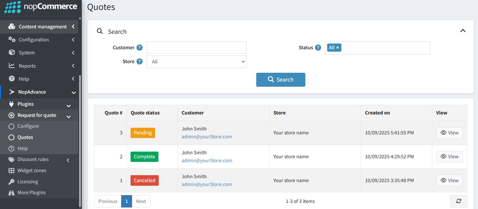 admin quotation management nopcommerce dashboard