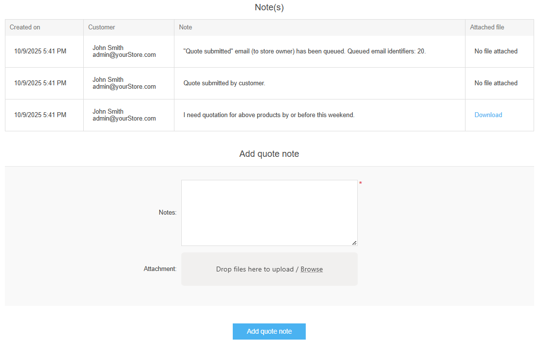 request a quote plugin can allows quote notes history for admins and customers