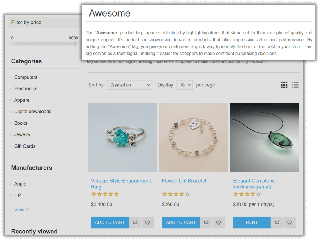 frontend Product Page with Tag Name and Description