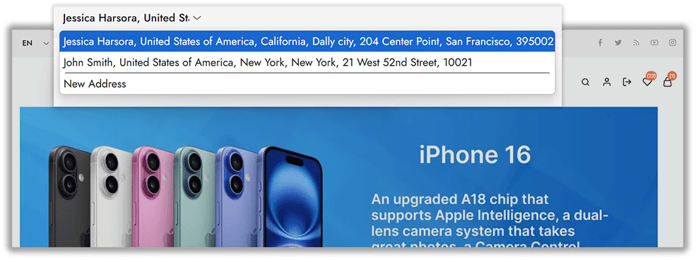 select shipping address dropdown from homepage