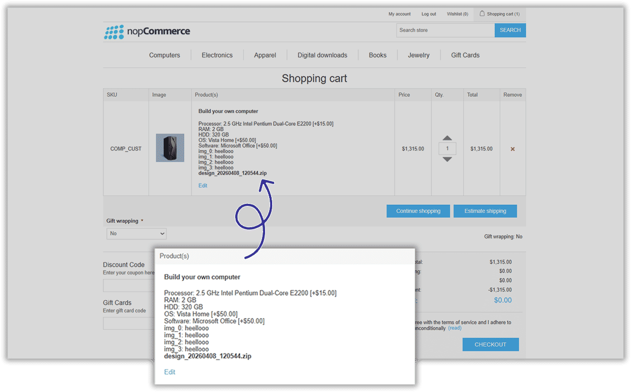 nopcommerce advanced product customization plugin allows to save custom design with cart and orders