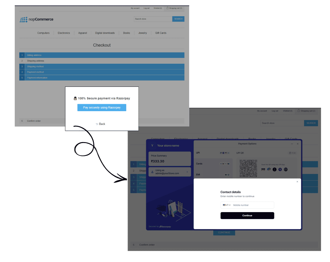 razorpay nopcommerce plugin provides popup payment mode