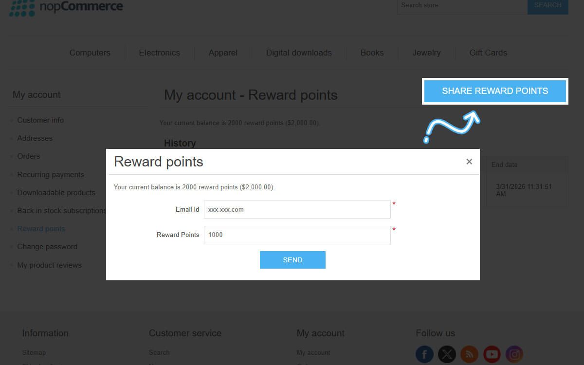 display customer reward points sharing on storefront share reward points extension for nopcommerce