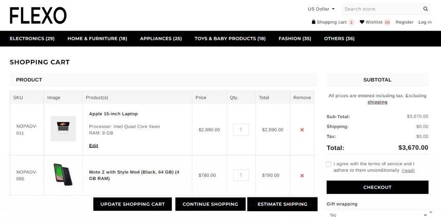 nopcommerce flexo theme shopping cart page