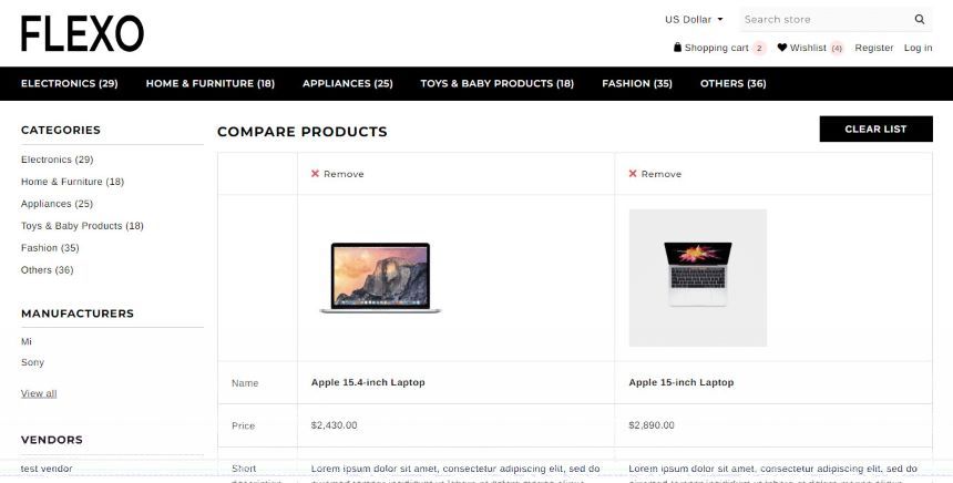 nopcommerce flexo theme product compare page