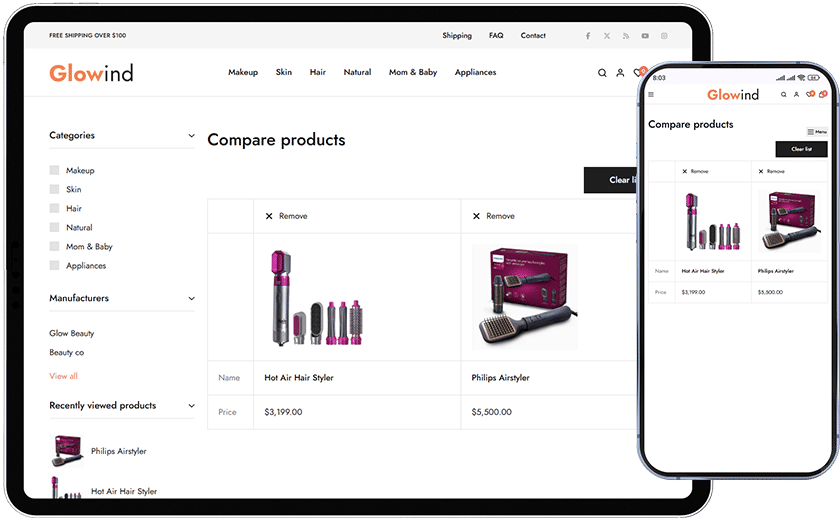 glowind nopcommerce theme compare product page