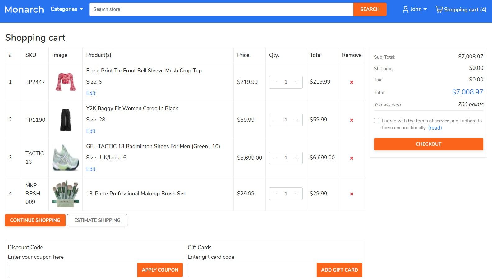 nopcommerce monarch theme shopping cart design page