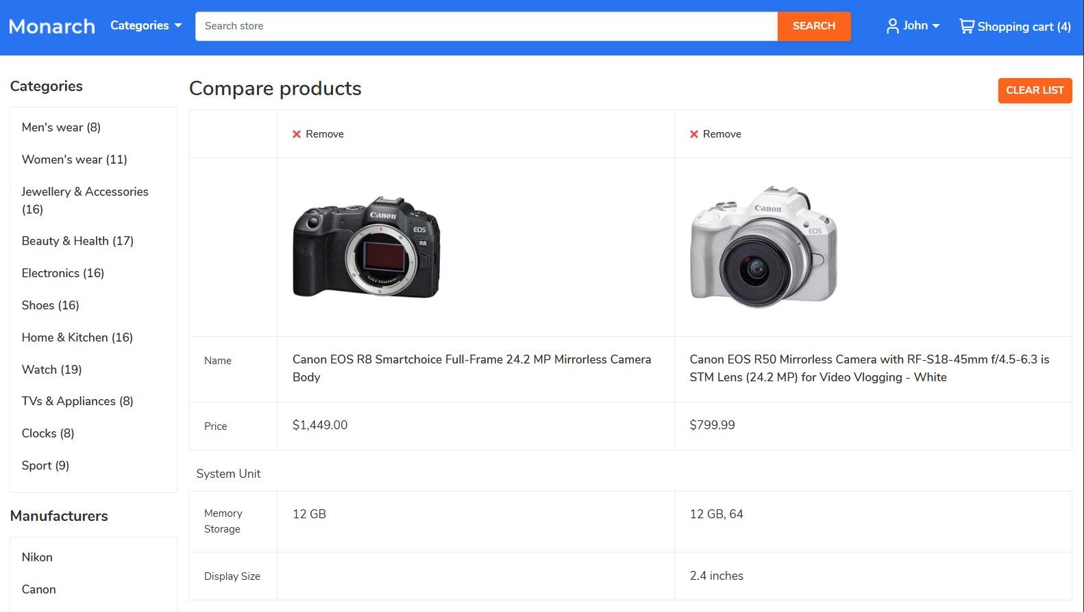 nopcommerce monarch theme product comparison design page