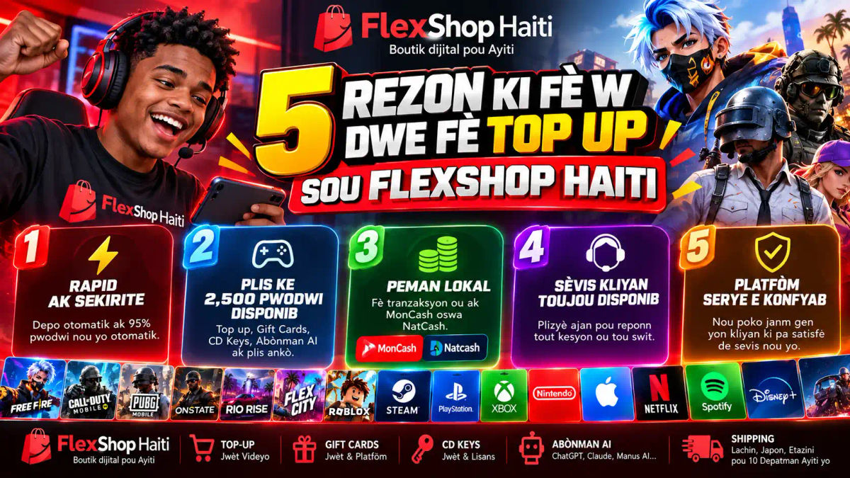 Top up jwèt videyo sou Flexshop Haiti ak Mon Cash ak NatCash