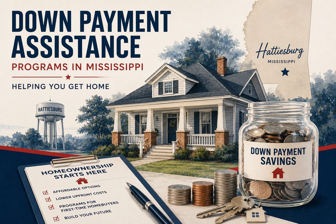 Editorial illustration of a Hattiesburg Mississippi house with a down payment savings jar and coins in RE/MAX navy, red, and cream tones