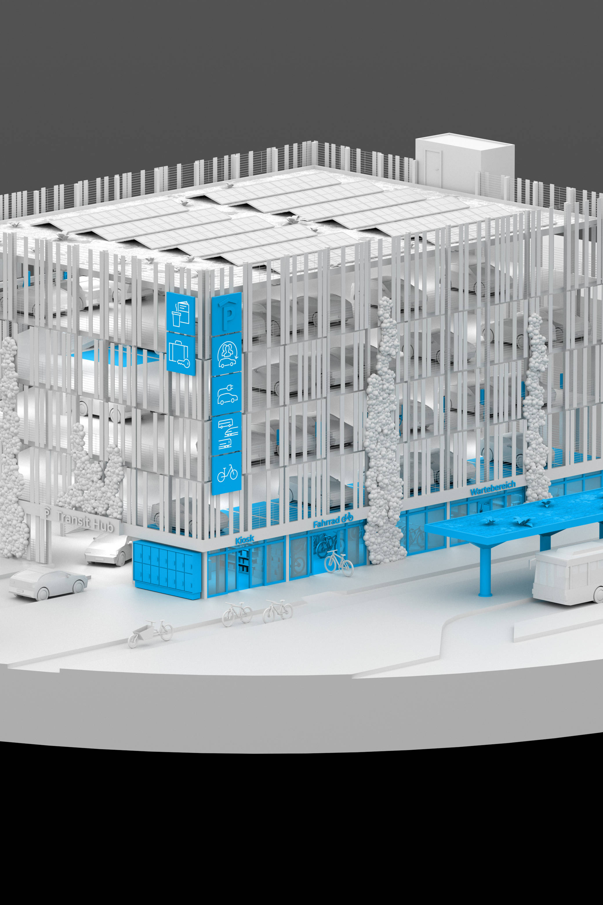 Goldbeck model building of a transit hub in white and with marked blue areas